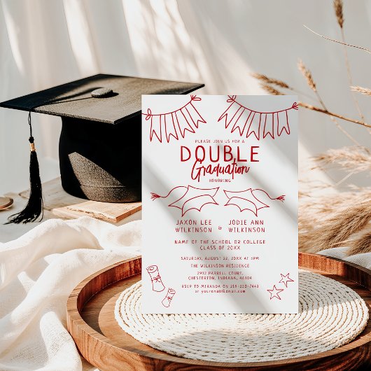 Invitation Double Graduation du Red Doodle tendance