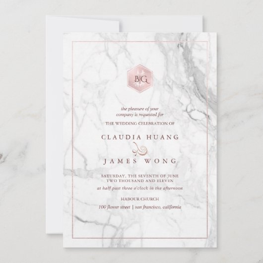 Invitation Double Happy Marble Faux Rose Gold, chinois (Dos)