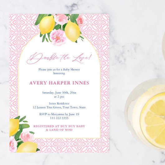 Invitation Double L'Amour Citrons Roses Fête de Naissance de