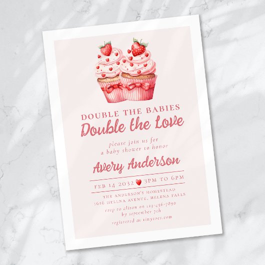 Invitation Double le Baby shower jumeau Love Pink Cupcake