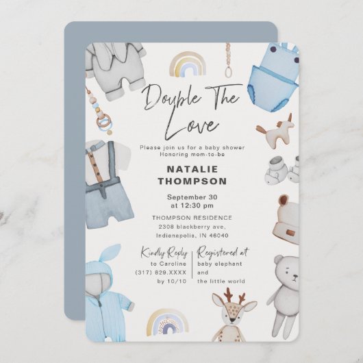 Invitation Double le Baby shower Love Clothes Twin Boys (Devant / Derrière)