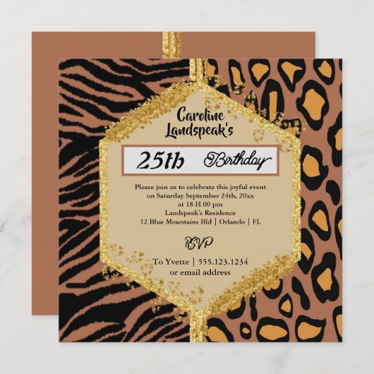 Invitation Double Leopard Zebra Prints & Parties scintillant  (Devant / Derrière)