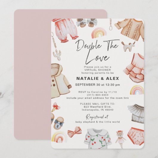 Invitation Double Love Girl Twins Baby shower virtuel rose (Devant / Derrière)