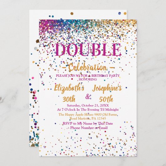 Invitation Double mixte adulte coloré fête d'anniversaire (Devant / Derrière)
