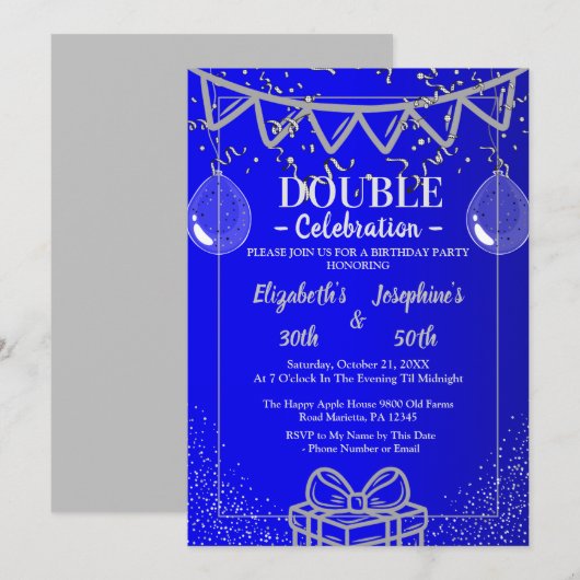 Invitation Double mixte adulte fête d'anniversaire | Argent b (Devant / Derrière)