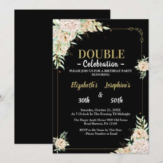 Invitation Double mixte adulte fête d'anniversaire |Floral tr (Devant / Derrière)