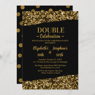 Invitation Double mixte adulte fête d'anniversaire   Or noir