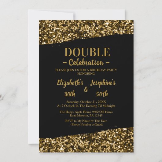 Invitation Double mixte adulte fête d'anniversaire | Or noir (Devant)