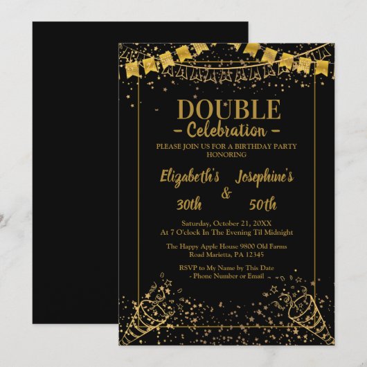 Invitation Double mixte adulte fête d'anniversaire | Or noir (Devant / Derrière)