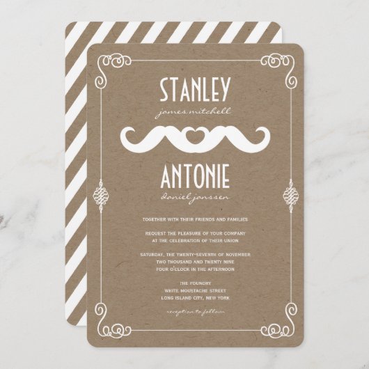 Invitation Double Mustaches Aimer Vintage Kraft Gay Mariage (Devant / Derrière)