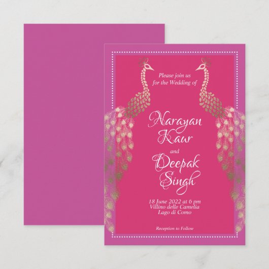 Invitation Double or Peacocks Indien (Devant / Derrière)