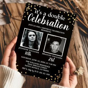 Invitation Double Photo Noir Or Anniversaire