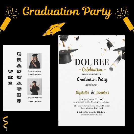 Invitation Double remise de diplôme chic pour deux diplômés e