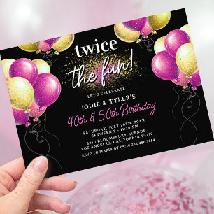 Invitation Double Rose et Or Ballon Joint Anniversaire