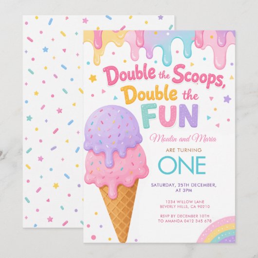 Invitation Double Scoops Double Fun Anniversaire Jumeaux (Devant / Derrière)