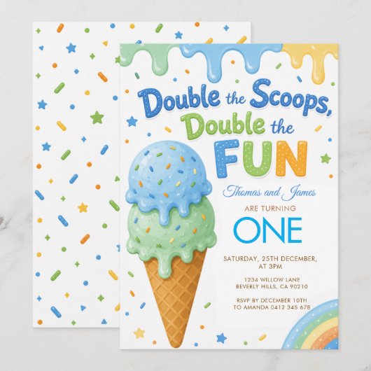 Invitation Double Scoops Double Fun Garçons ANNIVERSAIRE (Devant / Derrière)