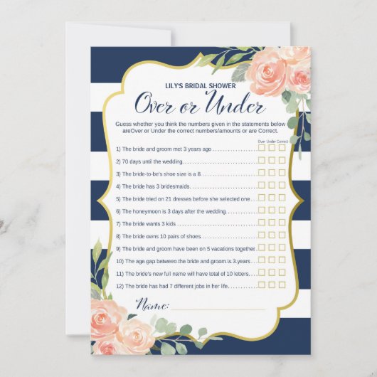 Invitation Double Side Navy Gold Fête de l'mariée (Devant)