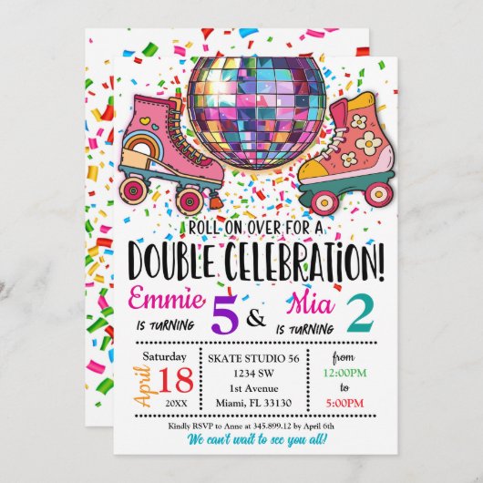 Invitation Double Sisters Bdays Celebration Roller Skating (Devant / Derrière)