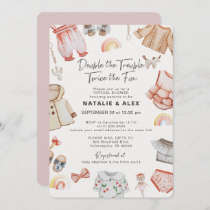 Invitation Double Trouble Girl Twins Baby shower virtuel rose