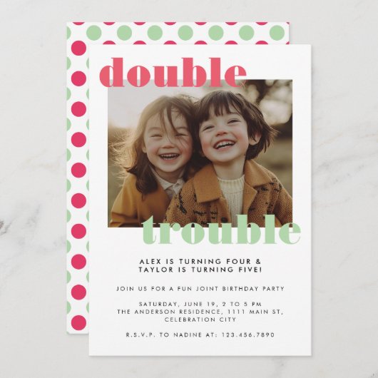 Invitation Double Trouble Joint Kids Photo Anniversaire (Devant / Derrière)