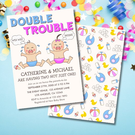 Invitation Double Trouble Twin Boy & Girl Baby shower