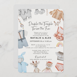 Invitation Double Trouble Twins Boy Girl Baby shower virtuel