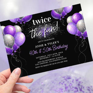 Invitation Double Violet et Ballon Argent Anniversaire Commun
