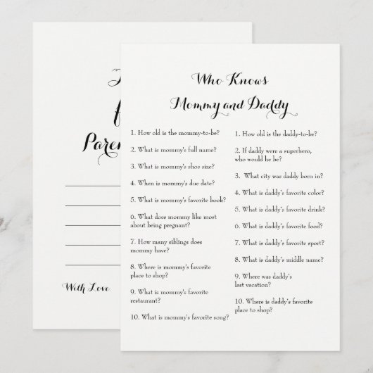 Invitation Doubles jeux latéraux de baby shower - conseil | (Devant / Derrière)