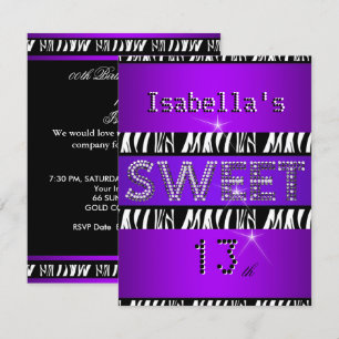 Invitation Douce 13 13e Anniversaire Zèbre Violet Noir