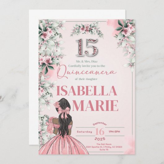 Invitation Douce 15 Quinceanera Jolie en rose Anniversaire (Devant / Derrière)
