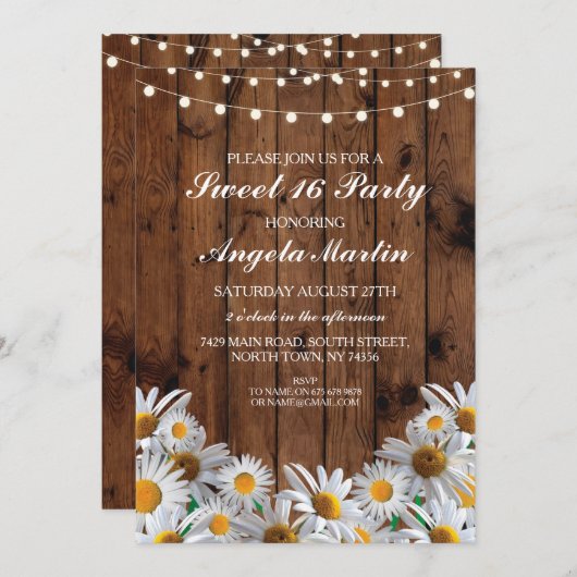 Invitation Douce 16 Anniversaire Fête Daisy Wood Lights Invit (Devant / Derrière)