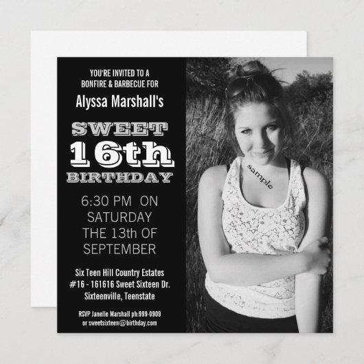 Invitation Douce 16 Anniversaire Mood Black and White (Devant / Derrière)