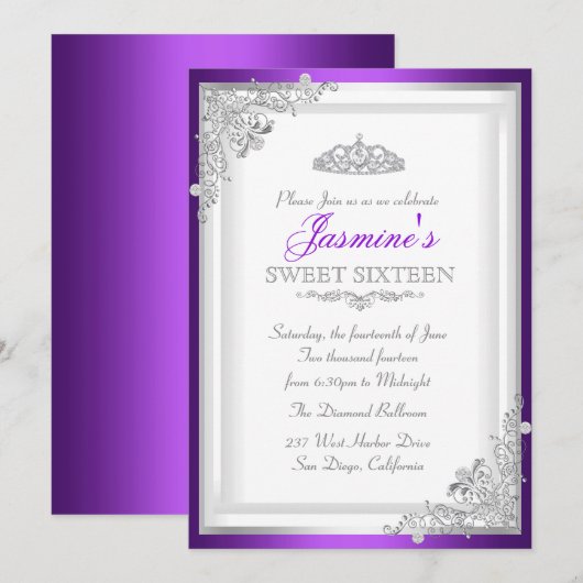 Invitation douce 16 ans Argent Damassé Violet & Ti (Devant / Derrière)