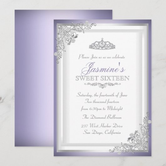 Invitation douce 16 ans Damassé Argent Violet & Ti (Devant / Derrière)