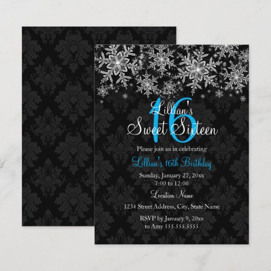 Invitation douce 16 ans Flocon de neige cristal bl (Devant / Derrière)