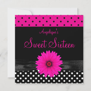 Invitation Douce 16 ans lieu d'anniversaire pois noir blanc r
