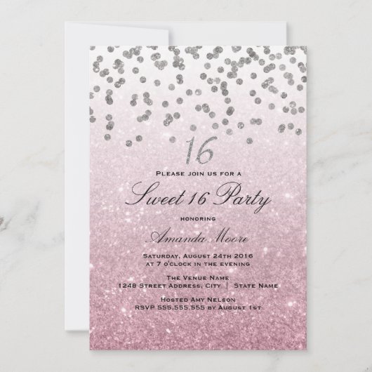 Invitation douce 16 ans paillettes rose confettis (Devant)