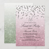 Invitation douce 16 ans paillettes rose confettis (Devant / Derrière)