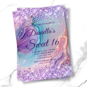 Invitation Douce 16 ans pastel violet pailleté bleu rose agat