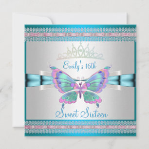 Invitation Douce 16 Blanche Bleu Canard Rose Papillon