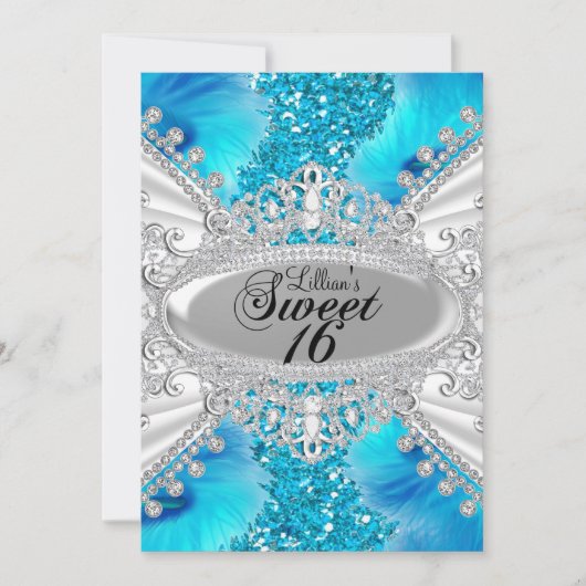 Invitation douce 16 Bleue Paillettes & Plumes (Devant)