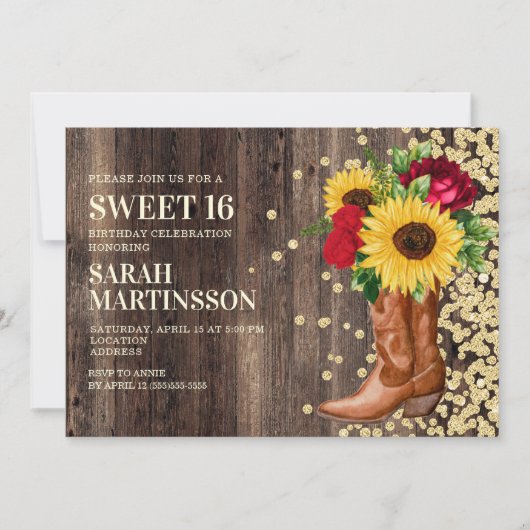 Invitation Douce 16 Bottes de bois rustique Tournesols Roses  (Devant)