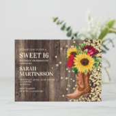 Invitation Douce 16 Bottes de bois rustique Tournesols Roses  (Debout devant)