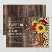 Invitation Douce 16 Bottes de bois rustique Tournesols Roses  (Devant / Derrière)