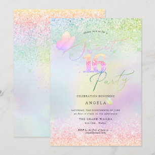 Invitation Douce 16 Diamants Roses Pailletés Holographiques