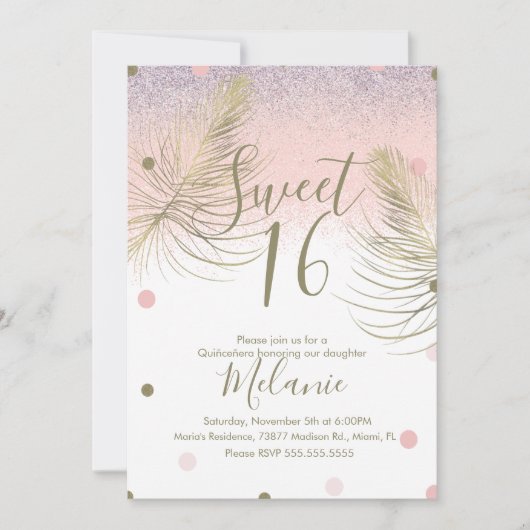 Invitation Douce 16 Faux Paillettes Dorées Rose (Devant)