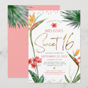 Invitation Douce 16 Fleur tropicale Aquarelle Or Script