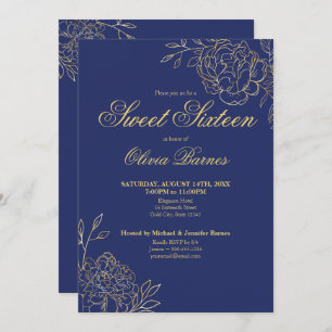 Invitation Douce 16 fleurs d'art bleu et or Line Floral
