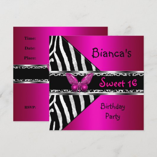 Invitation Douce 16 Fuchsia Rose Argent Noir Zèbre Léopard (Devant / Derrière)