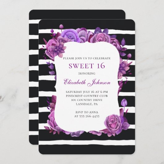 Invitation Douce 16 invitation. Fleurs violettes 16e annivers (Devant / Derrière)